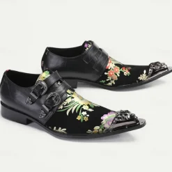 Men's Punk Style Floral Embroidered Buckle Monk Strap Dress Shoes with Metal Toe Cap - Premium Cowhide Leather, Ideal for Formal Events