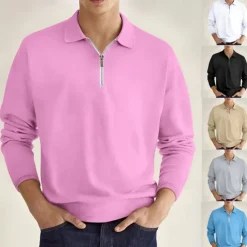 Men's Quarter Zip Polo Golf Shirt Daily Holiday Lapel Long Sleeve Fashion Modern Plain Spring & Fall Regular Fit Black White Pink Wine Navy Blue Royal Blue Quarter Zip Polo
