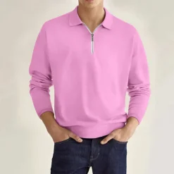 Men's Quarter Zip Polo Golf Shirt Daily Holiday Lapel Long Sleeve Fashion Modern Plain Spring & Fall Regular Fit Black White Pink Wine Navy Blue Royal Blue Quarter Zip Polo