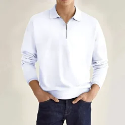 Men's Quarter Zip Polo Golf Shirt Daily Holiday Lapel Long Sleeve Fashion Modern Plain Spring & Fall Regular Fit Black White Pink Wine Navy Blue Royal Blue Quarter Zip Polo