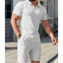 Men's Quarter Zip Polo Golf Shirt Daily Holiday Lapel Short Sleeve Fashion Basic Plain 2 Piece Jacquard Summer Regular Fit Black White Sky Blue Khaki Light Grey Quarter Zip Polo