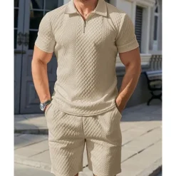 Men's Quarter Zip Polo Golf Shirt Daily Holiday Lapel Short Sleeve Fashion Basic Plain 2 Piece Jacquard Summer Regular Fit Black White Sky Blue Khaki Light Grey Quarter Zip Polo