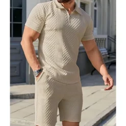 Men's Quarter Zip Polo Golf Shirt Daily Holiday Lapel Short Sleeve Fashion Basic Plain 2 Piece Jacquard Summer Regular Fit Black White Sky Blue Khaki Light Grey Quarter Zip Polo