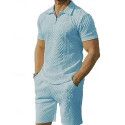 Men's Quarter Zip Polo Golf Shirt Daily Holiday Lapel Short Sleeve Fashion Basic Plain 2 Piece Jacquard Summer Regular Fit Black White Sky Blue Khaki Light Grey Quarter Zip Polo