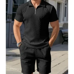 Men's Quarter Zip Polo Golf Shirt Daily Holiday Lapel Short Sleeve Fashion Basic Plain 2 Piece Jacquard Summer Regular Fit Black White Sky Blue Khaki Light Grey Quarter Zip Polo