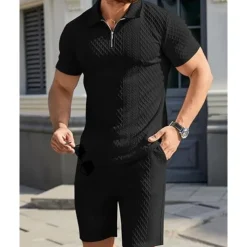 Men's Quarter Zip Polo Golf Shirt Daily Holiday Lapel Short Sleeve Fashion Basic Plain 2 Piece Jacquard Summer Regular Fit Black White Sky Blue Khaki Light Grey Quarter Zip Polo