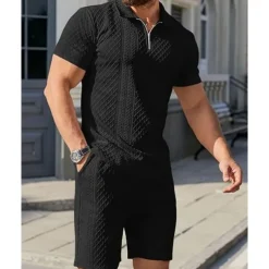 Men's Quarter Zip Polo Golf Shirt Daily Holiday Lapel Short Sleeve Fashion Basic Plain 2 Piece Jacquard Summer Regular Fit Black White Sky Blue Khaki Light Grey Quarter Zip Polo