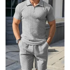 Men's Quarter Zip Polo Golf Shirt Daily Holiday Lapel Short Sleeve Fashion Basic Plain 2 Piece Jacquard Summer Regular Fit Black White Sky Blue Khaki Light Grey Quarter Zip Polo