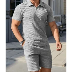 Men's Quarter Zip Polo Golf Shirt Daily Holiday Lapel Short Sleeve Fashion Basic Plain 2 Piece Jacquard Summer Regular Fit Black White Sky Blue Khaki Light Grey Quarter Zip Polo