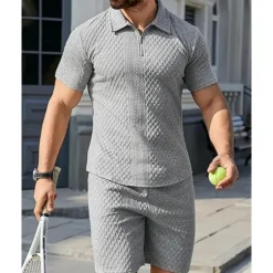 Men's Quarter Zip Polo Golf Shirt Daily Holiday Lapel Short Sleeve Fashion Basic Plain 2 Piece Jacquard Summer Regular Fit Black White Sky Blue Khaki Light Grey Quarter Zip Polo