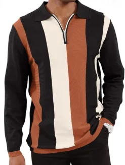 Men's Quarter Zip Polo Golf Shirt Daily Holiday Quarter Zip Long Sleeve Fashion Modern Color Block Spring & Fall Regular Fit White Sky Blue Orange Brown Khaki Gray Quarter Zip Polo