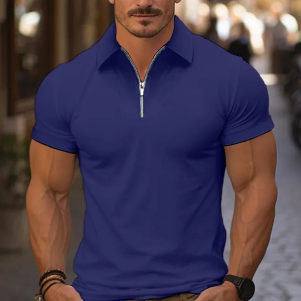 Men's Quarter Zip Polo Golf Shirt Daily Holiday Turndown Short Sleeve Fashion Basic Plain Spring & Summer Regular Fit Light Blue Black White Pink Wine Navy Blue Quarter Zip Polo