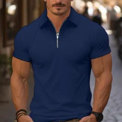 Men's Quarter Zip Polo Golf Shirt Daily Holiday Turndown Short Sleeve Fashion Basic Plain Spring & Summer Regular Fit Light Blue Black White Pink Wine Navy Blue Quarter Zip Polo