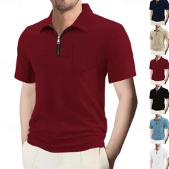 Men's Quarter Zip Polo Golf Shirt Daily Holiday Quarter Zip Short Sleeve Fashion Basic Plain Summer Regular Fit Black White Wine Navy Blue Khaki Quarter Zip Polo