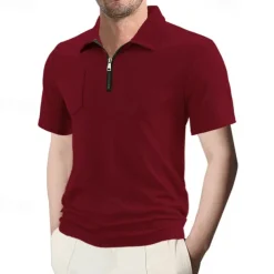 Men's Quarter Zip Polo Golf Shirt Daily Holiday Quarter Zip Short Sleeve Fashion Basic Plain Summer Regular Fit Black White Wine Navy Blue Khaki Quarter Zip Polo