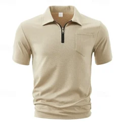 Men's Quarter Zip Polo Golf Shirt Daily Holiday Quarter Zip Short Sleeve Fashion Basic Plain Summer Regular Fit Black White Wine Navy Blue Khaki Quarter Zip Polo