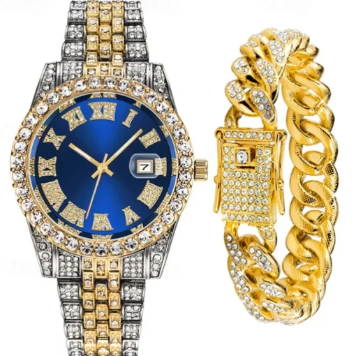 Men's Quartz Watch with Chain Bracelet Set Fashion Luxury Bling Diamond Hiphop Analog Men Quartz Wristwatch Calendar Waterproof Men's Watch