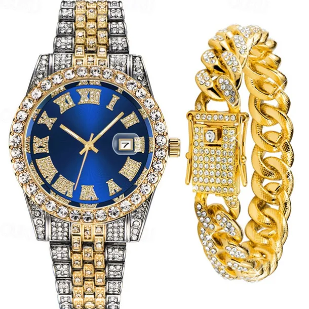 Men's Quartz Watch with Chain Bracelet Set Fashion Luxury Bling Diamond Hiphop Analog Men Quartz Wristwatch Calendar Waterproof Men's Watch