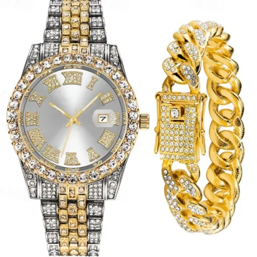 Men's Quartz Watch with Chain Bracelet Set Fashion Luxury Bling Diamond Hiphop Analog Men Quartz Wristwatch Calendar Waterproof Men's Watch
