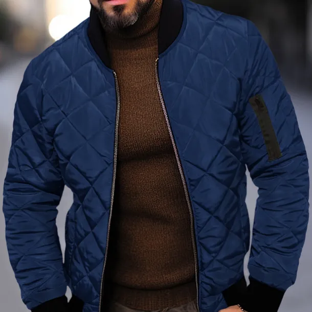 Men's Quilted Jacket Transition Jacket Going out Pocket Spring & Fall Plain Streetwear Standing Collar Regular Black Wine Blue Red Army Green Jacket