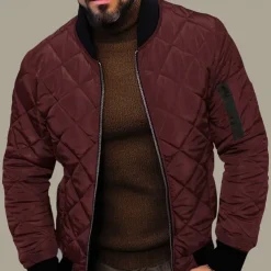 Men's Quilted Jacket Transition Jacket Going out Pocket Spring & Fall Plain Streetwear Standing Collar Regular Black Wine Blue Red Army Green Jacket