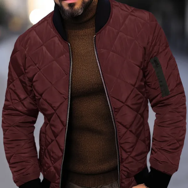 Men's Quilted Jacket Transition Jacket Going out Pocket Spring & Fall Plain Streetwear Standing Collar Regular Black Wine Blue Red Army Green Jacket