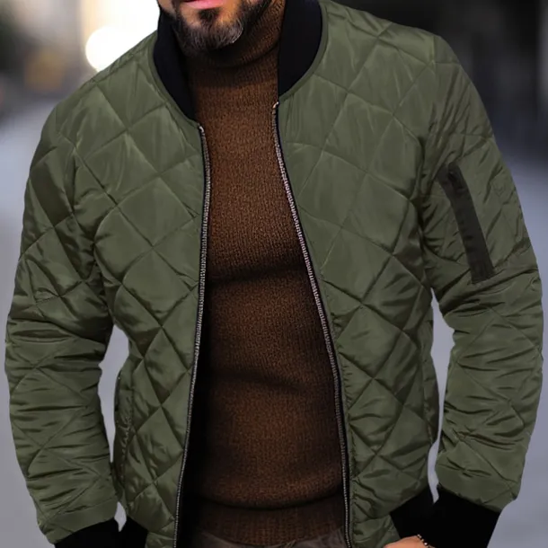 Men's Quilted Jacket Transition Jacket Going out Pocket Spring & Fall Plain Streetwear Standing Collar Regular Black Wine Blue Red Army Green Jacket
