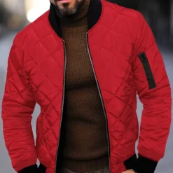 Men's Quilted Jacket Transition Jacket Going out Pocket Spring & Fall Plain Streetwear Standing Collar Regular Black Wine Blue Red Army Green Jacket