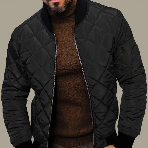 Men's Quilted Jacket Transition Jacket Going out Pocket Spring & Fall Plain Streetwear Standing Collar Regular Black Wine Blue Red Army Green Jacket