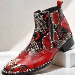 Men's Red & Black Snakeskin Leather Ankle Boots with Metallic Toe Cap and Side Zipper – Premium Cowhide Statement Footwear with Stud Accents