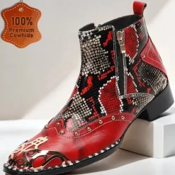 Men's Red & Black Snakeskin Leather Ankle Boots with Metallic Toe Cap and Side Zipper – Premium Cowhide Statement Footwear with Stud Accents