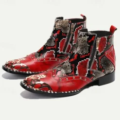 Men's Red & Black Snakeskin Leather Ankle Boots with Metallic Toe Cap and Side Zipper – Premium Cowhide Statement Footwear with Stud Accents