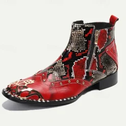 Men's Red & Black Snakeskin Leather Ankle Boots with Metallic Toe Cap and Side Zipper – Premium Cowhide Statement Footwear with Stud Accents