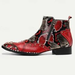 Men's Red & Black Snakeskin Leather Ankle Boots with Metallic Toe Cap and Side Zipper – Premium Cowhide Statement Footwear with Stud Accents