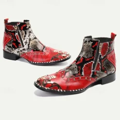 Men's Red & Black Snakeskin Leather Ankle Boots with Metallic Toe Cap and Side Zipper – Premium Cowhide Statement Footwear with Stud Accents