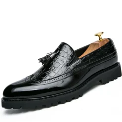 Men's Red and Black Crocodile Pattern Loafers - Stylish Tassel Slip-On Shoes for Formal and Casual Wear