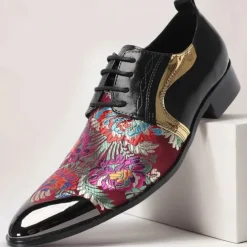 Men's Red and Purple Floral Patterned Leather Oxford Shoes with Gold Tip Lace-up Design–Elegant, Fashion-forward, Ideal for Formal Occasions and Parties