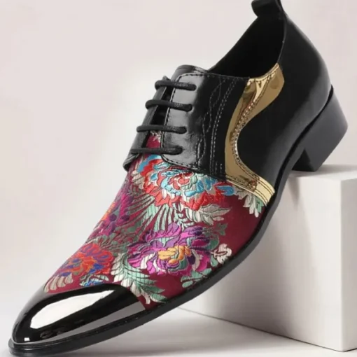 Men's Red and Purple Floral Patterned Leather Oxford Shoes with Gold Tip Lace-up Design–Elegant, Fashion-forward, Ideal for Formal Occasions and Parties