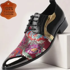 Men's Red and Purple Floral Patterned Leather Oxford Shoes with Gold Tip Lace-up Design–Elegant, Fashion-forward, Ideal for Formal Occasions and Parties