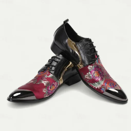 Men's Red and Purple Floral Patterned Leather Oxford Shoes with Gold Tip Lace-up Design–Elegant, Fashion-forward, Ideal for Formal Occasions and Parties