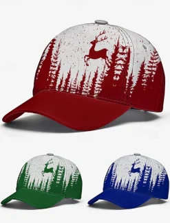 Men's Red and White Forest Deer Print Baseball Cap – Adjustable Casual Outdoor Hat for Nature Lovers