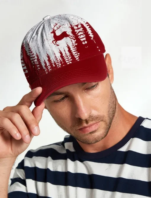 Men's Red and White Forest Deer Print Baseball Cap – Adjustable Casual Outdoor Hat for Nature Lovers