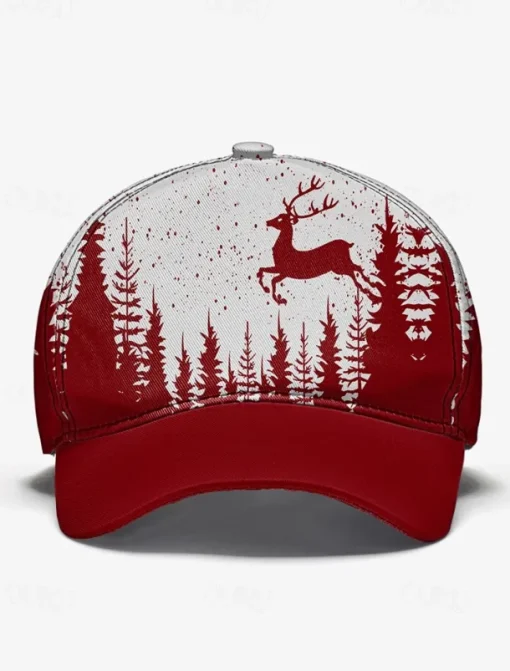 Men's Red and White Forest Deer Print Baseball Cap – Adjustable Casual Outdoor Hat for Nature Lovers