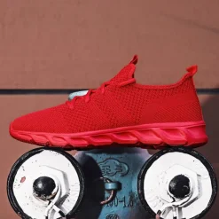 Men's Red Breathable Knit Sneakers - Lightweight Running Shoes with Cushioned Sole for Sports and Casual Wear