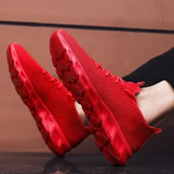 Men's Red Breathable Knit Sneakers - Lightweight Running Shoes with Cushioned Sole for Sports and Casual Wear