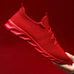 Men's Red Breathable Knit Sneakers - Lightweight Running Shoes with Cushioned Sole for Sports and Casual Wear