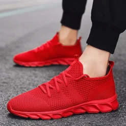 Men's Red Breathable Knit Sneakers - Lightweight Running Shoes with Cushioned Sole for Sports and Casual Wear