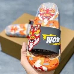 Men's Red Dragon Print Slide Sandals with 3D Dragon Design, Casual Style for Summer and Festivals