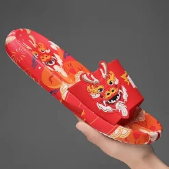 Men's Red Dragon Print Slide Sandals with 3D Dragon Design, Casual Style for Summer and Festivals