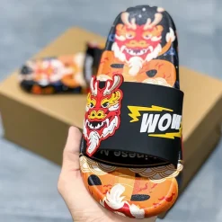 Men's Red Dragon Print Slide Sandals with 3D Dragon Design, Casual Style for Summer and Festivals